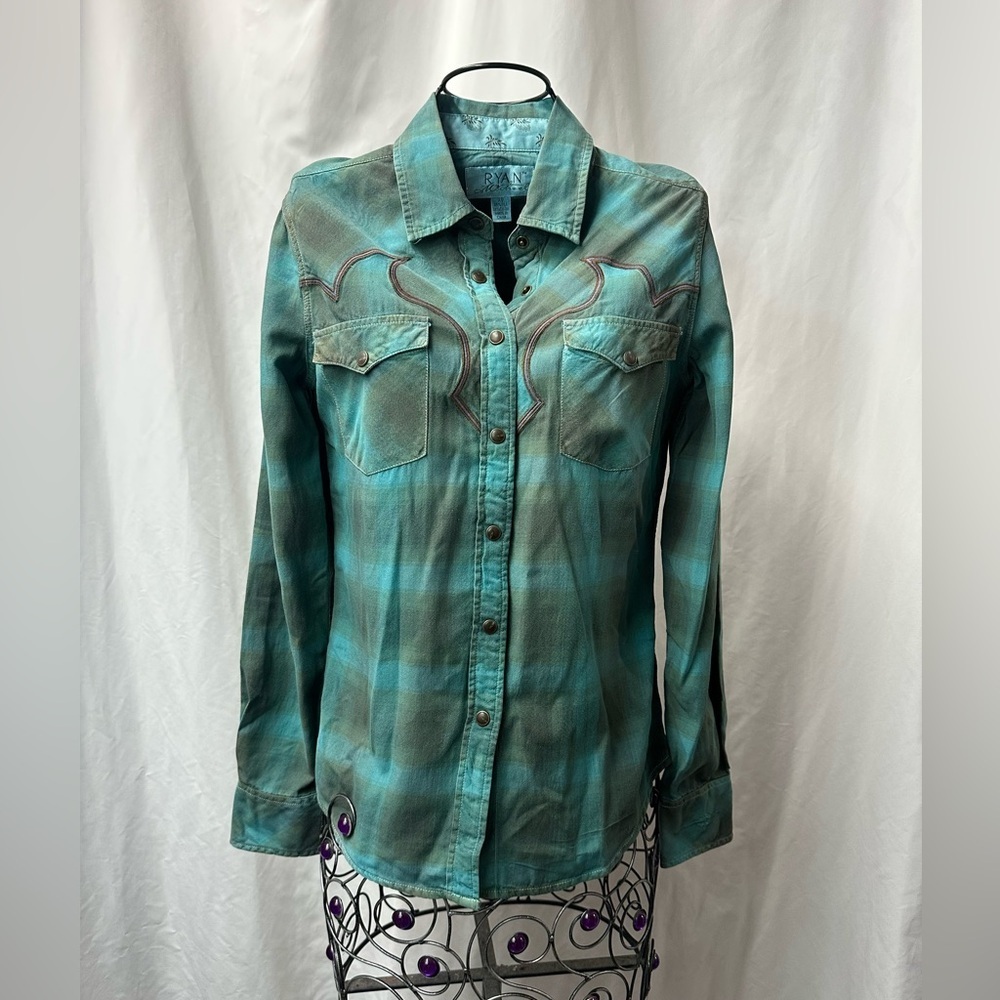 Ryan Michael silk blend green plaid button down size XS